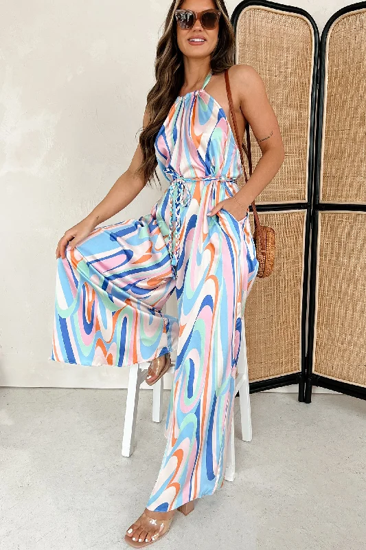 One-shoulder skater dress-Living Vibrantly Braided Belt Halter Jumpsuit (Blue, Pink, Tangerine)