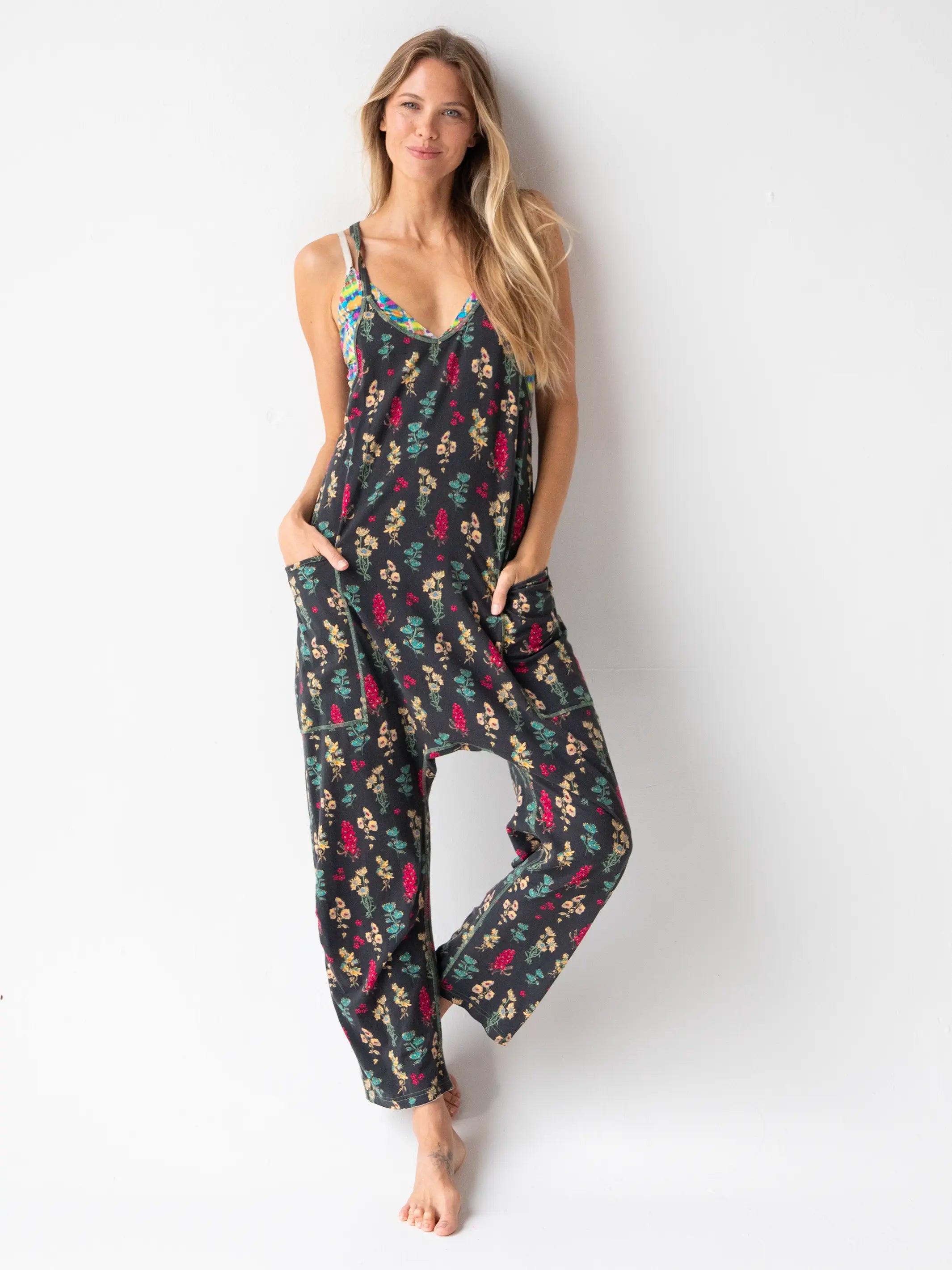 Asymmetrical evening dress-Lucy Jumpsuit - Charcoal Pink Bouquets