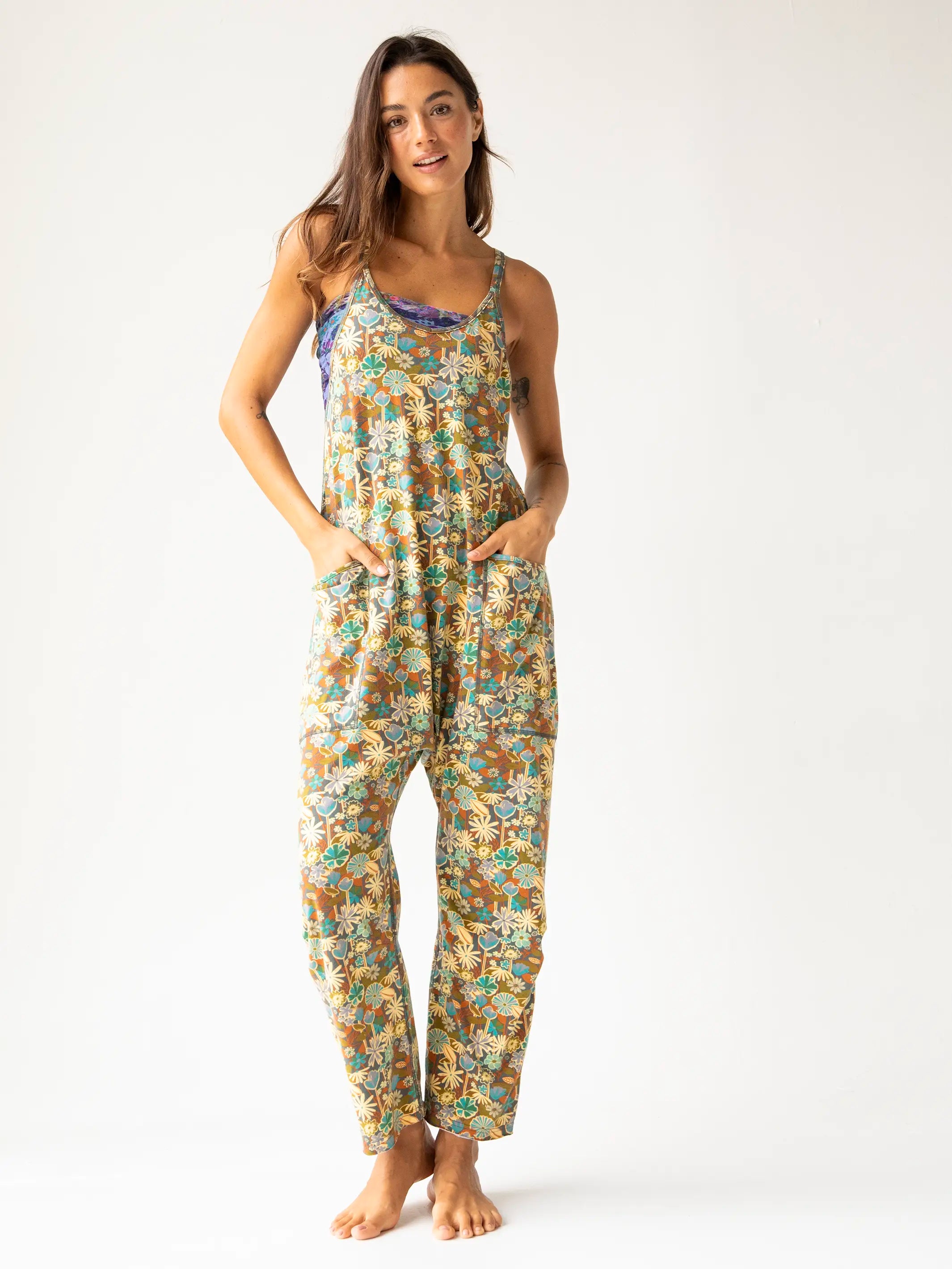 Flared midi dress-Lucy Jumpsuit - Green Blue Garden