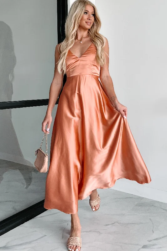 Smocked skater dress-Luxurious Poise Satin Midi Dress (Light Rust)