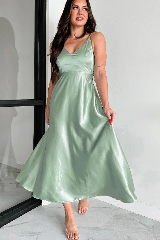 Ruched skater dress-Luxurious Poise Satin Midi Dress (Pastel Sage)