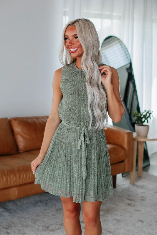 One-shoulder skater dress-Marla Floral Dress - Dark Sage