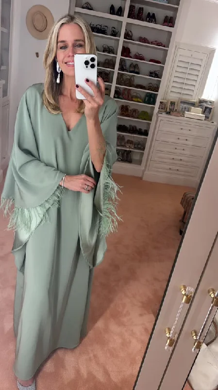 Tiered party dress-MASON by MASON'S DAUGHTER Lauren Caftan, Sage Green Satin Back Crepe with Tonal Feathers