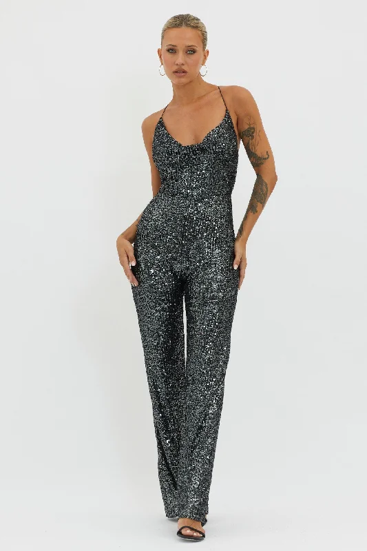 Tiered skater dress-Midnight Kiss Sequin Jumpsuit Gunmetal