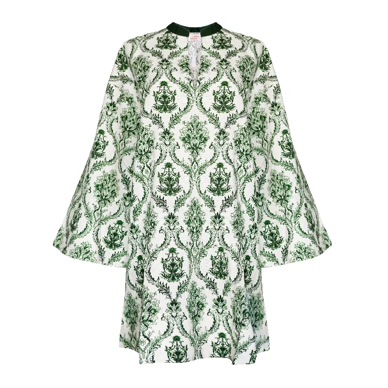 Tiered skater dress-MASON'S DAUGHTER Tunic Dress, Green and Ivory Trellis Print