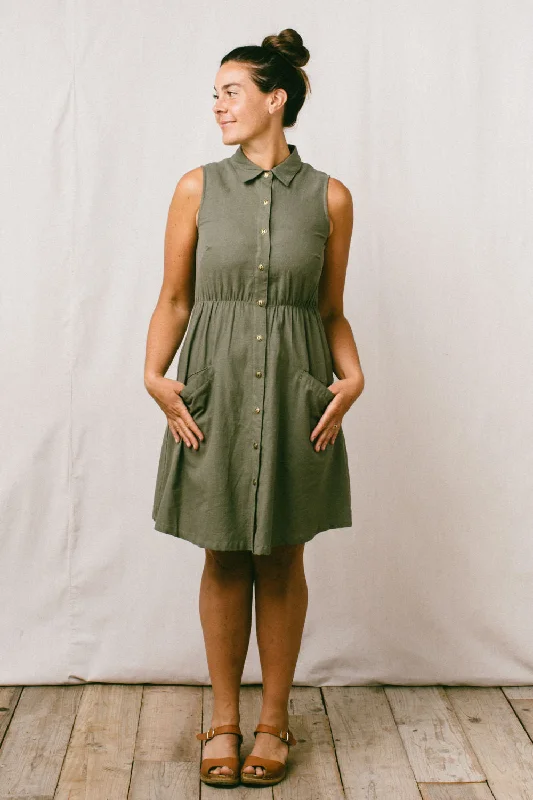 Ruched skater dress-Mona Dress in Olive Linen