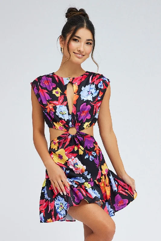 Spotted retro dress-Multi Floral Bright Floral Ring Detail Keyhole Dress