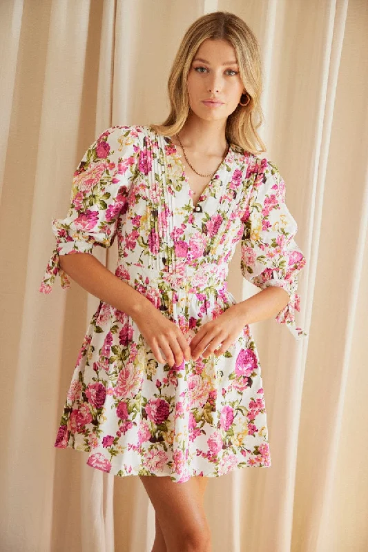 Luxe evening dress-Multi Floral Button Dress Puff Sleeve Rose Floral