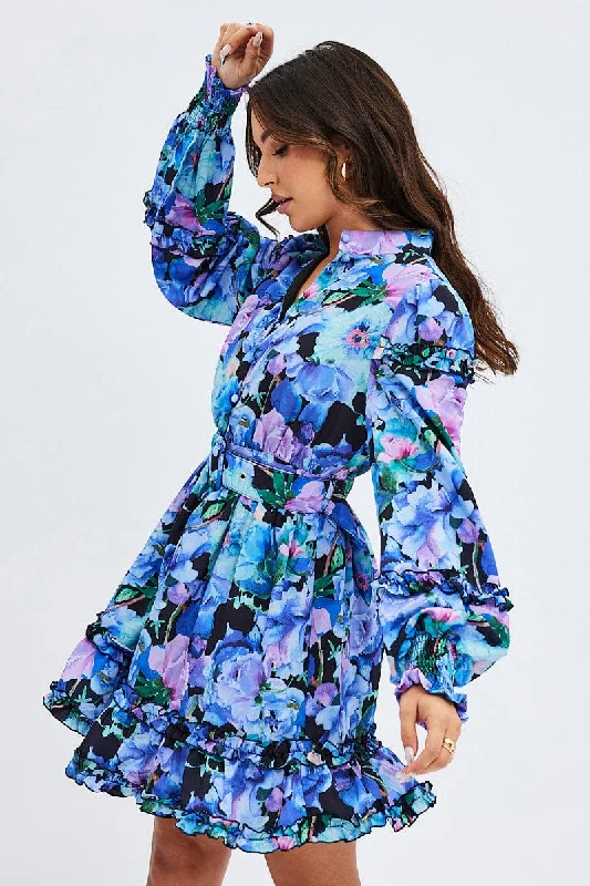 Velvet skater dress-Multi Floral Ruffle Balloon Sleeve Button Skater Dress