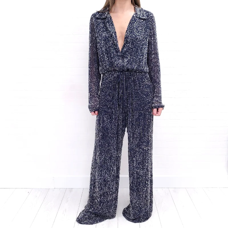 Polka dot evening dress-NAEEM KHAN NAVY BLUE BEADED JUMPSUIT ($8900) - SIZE 12