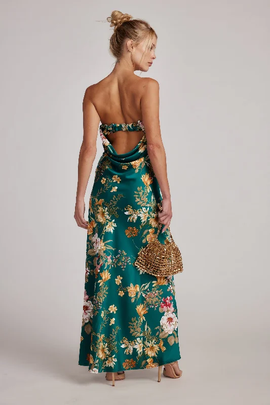 Velvet party dress-Natalia Emerald Floral Strapless Maxi Dress