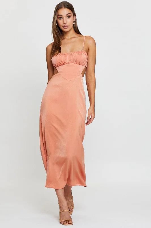 Off-shoulder skater dress-Orange Midi Dress Evening Cowl Neck