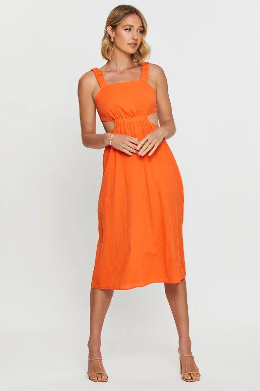 Satin party dress-Orange Midi Dress Sleeveless