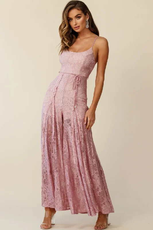 Jeweled prom dress-Palm Springs Lace Jumpsuit Blush Pink