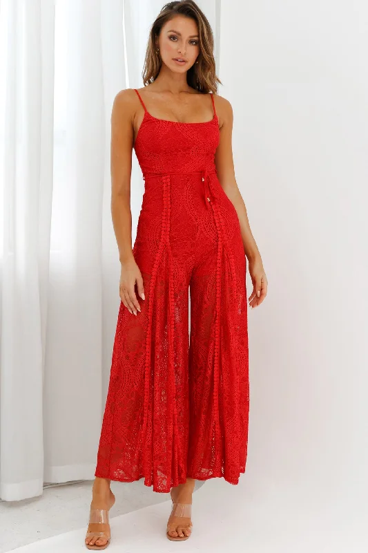 Halter neck party dress-Palm Springs Lace Jumpsuit Red