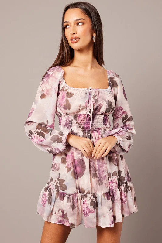 Pleated skater dress-Pink Floral Fit and Flare Dress Long Sleeve Ruched Bust