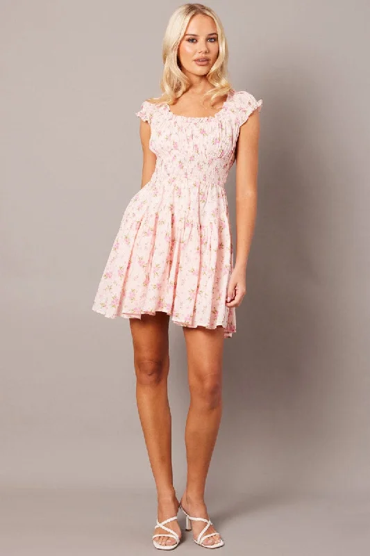 Glitter skater dress-Pink Floral Fit And Flare Dress Puff Sleeve