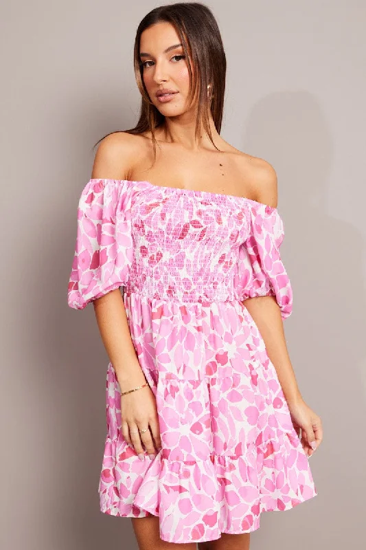 Striped skater dress-Pink Floral Fit And Flare Dress Puff Sleeve