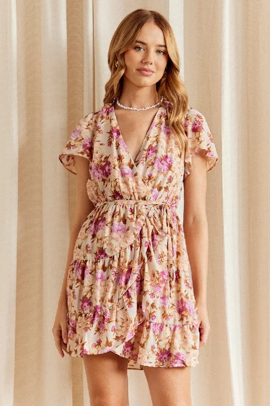 Glitter party dress-Pink Floral Fit And Flare Dress Short Sleeve Wrap Chiffon