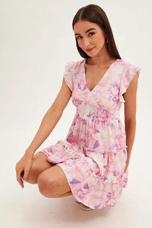 Short sleeve skater dress-Pink Floral Fit And Flare Dress Sleeveless V-Neck