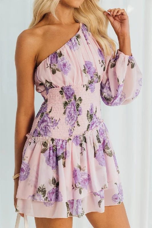 Belted party dress-Pink Floral One Shoulder Balloon Sleeve Layered Skater Dress