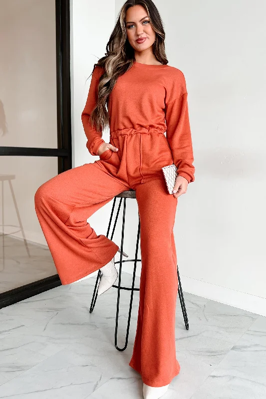 Satin skater dress-Plausible Deniability Long Sleeve Wide Leg Jumpsuit (Rust)