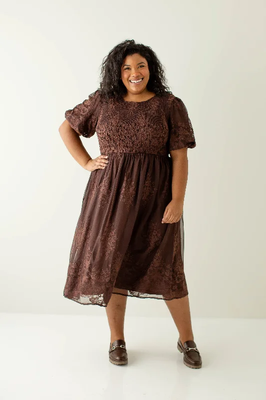 Striped skater dress-Plus 'Alyssa' Smocked Bodice Embroidered Floral Dress in Chocolate