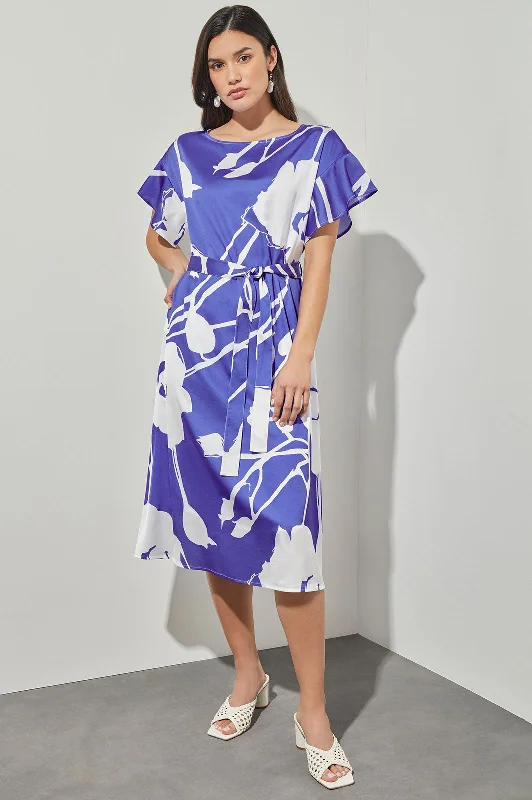 Flared midi dress-Plus Size Shift Below Knee Dress - Belted Floral Crepe de Chine