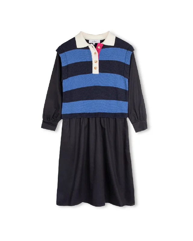 Pleated skater dress-Poplin And Striped Knit Vest Dress