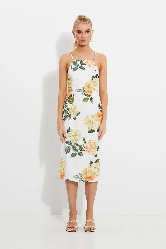 Polka dot skater dress-Print Designer Yellow Rose Racer Neck Slip Midi Dress