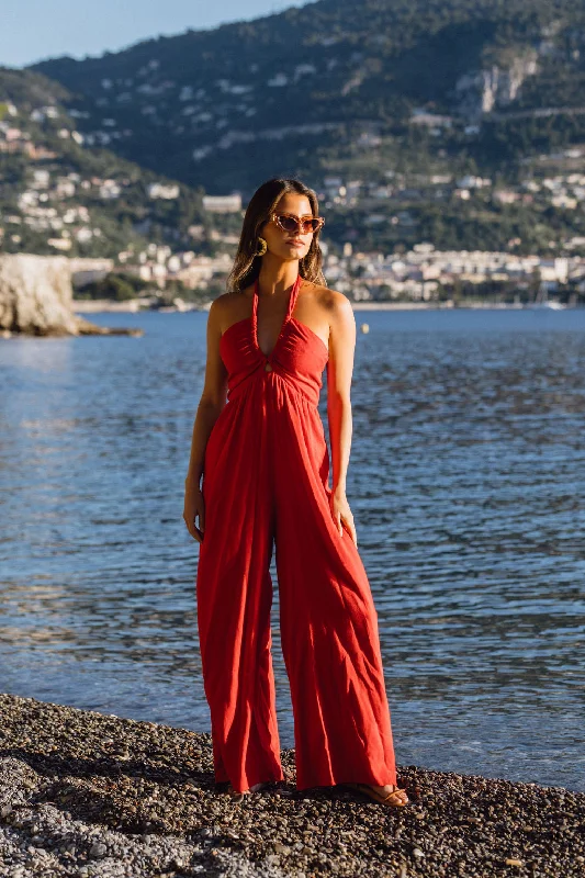 Fringe skater dress-Promenade Red Halter Jumpsuit