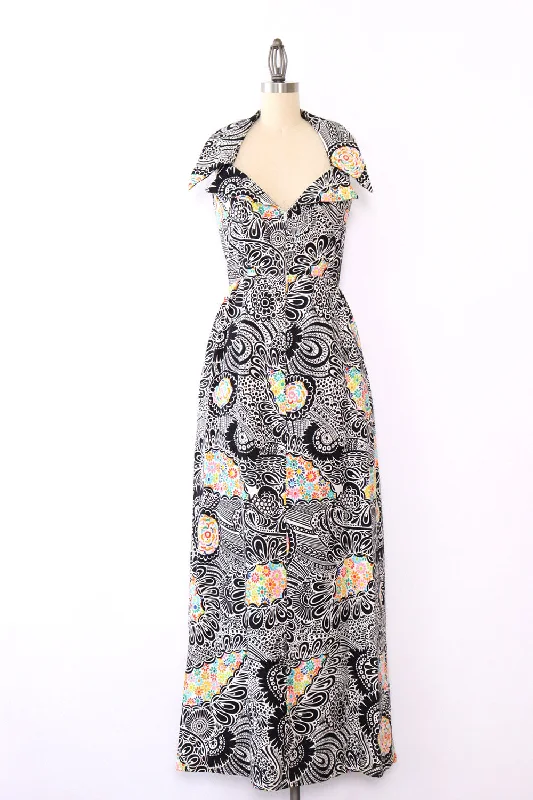 Long sleeve skater dress-Psychedelic Doodle Print Collared Maxi XS/S