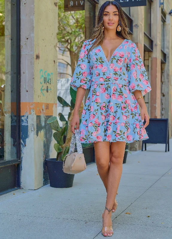 Velvet party dress-Puff Sleeve Floral Print Sleeve