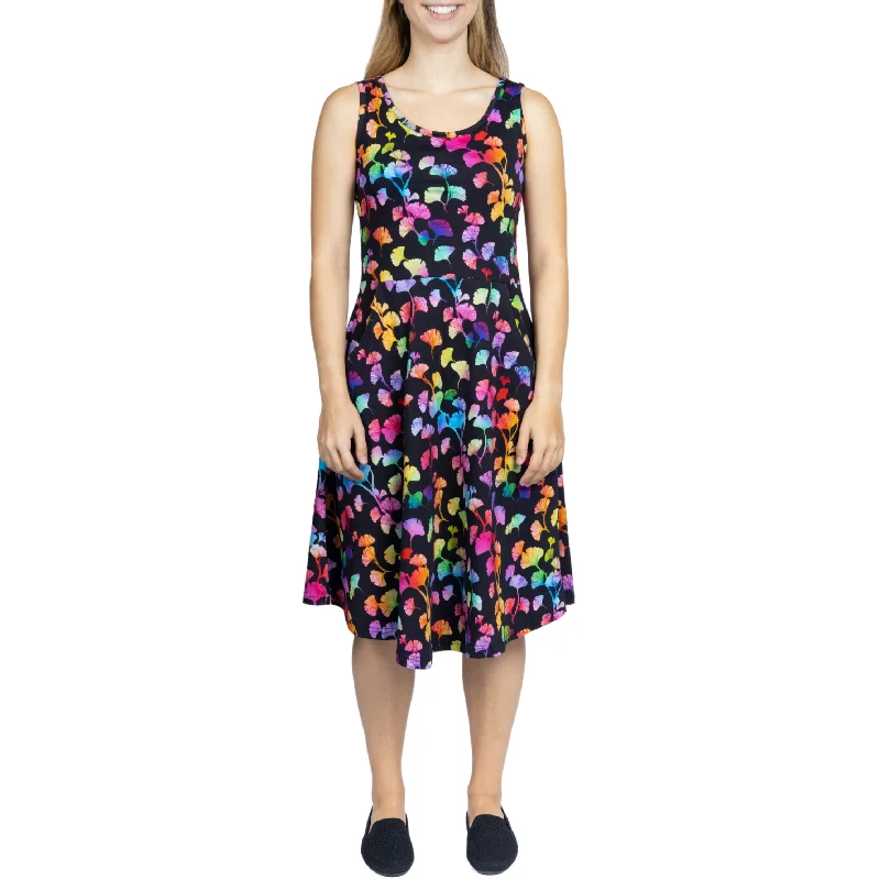 Floral skater dress-Rainbow Ginkgo Leaves Sleeveless Fit & Flare Dress