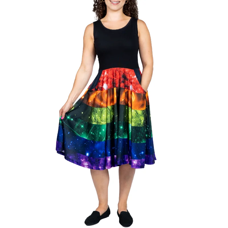 Ruffled skater dress-Rainbow Nebula Sleeveless Full Twirl Dress