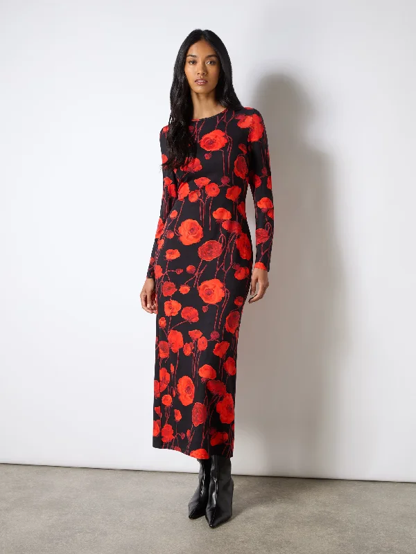 Fuzzy knit dress-Red Floral Print Jersey Dress