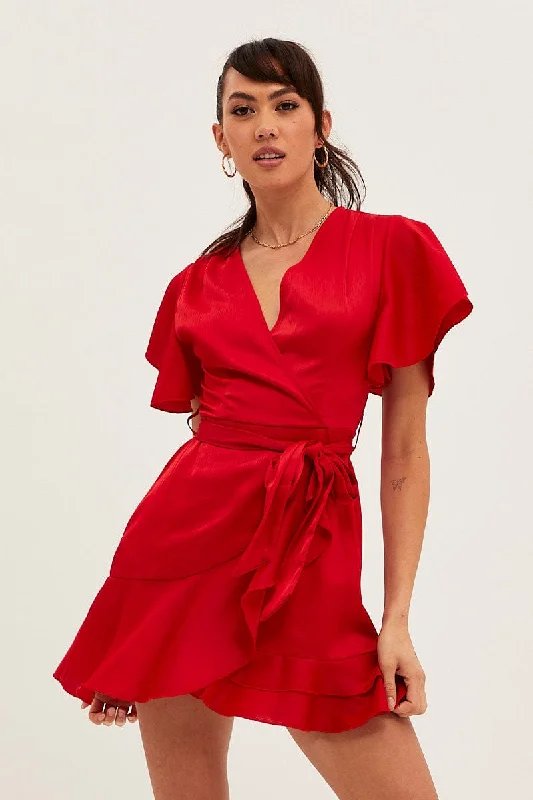 Floral cocktail dress-Red Wrap Dress Evening Satin