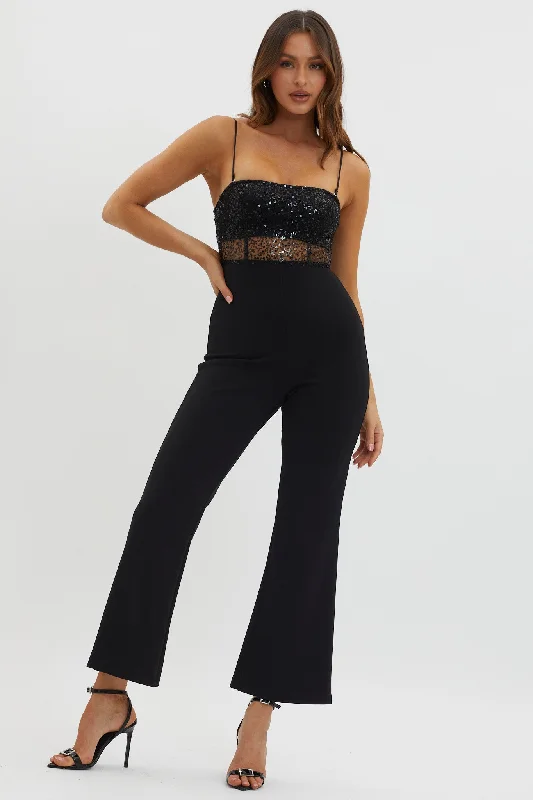 Long sleeve silk dress-Sabina Sequin Bodice Jumpsuit Black