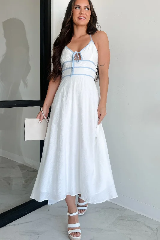 Velvet skater dress-Seaside Symphony Halter Midi Dress (White/Blue)