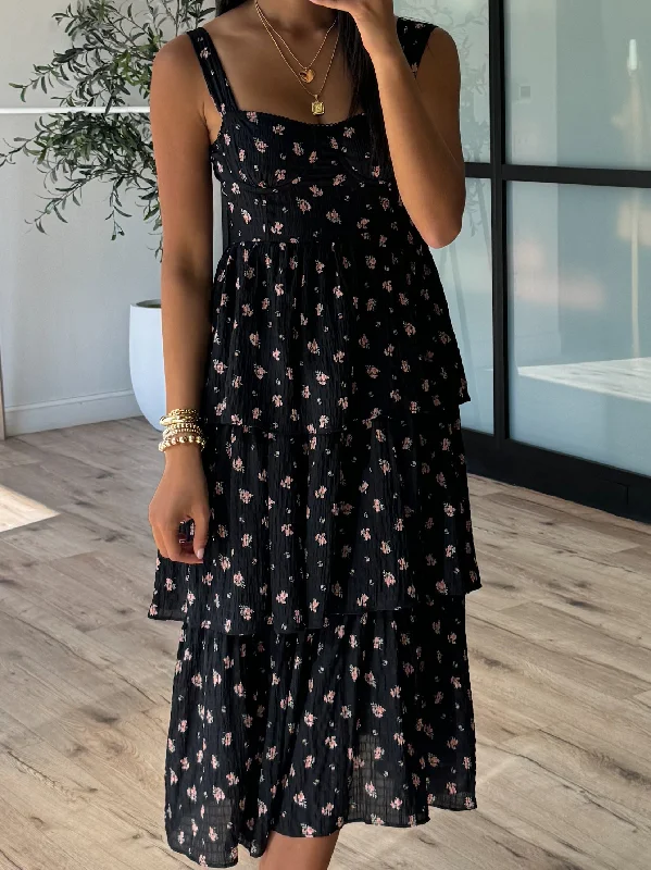 One-shoulder party dress-Serena Tiered Dress | Black Floral