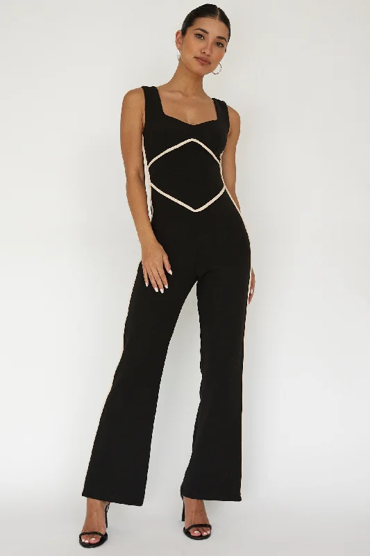 Off-shoulder tulle dress-Shenae Piping Trim Jumpsuit Black