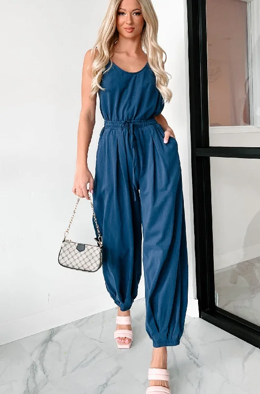 Satin party dress-Showing My Hand Backless Jumpsuit (Navy)