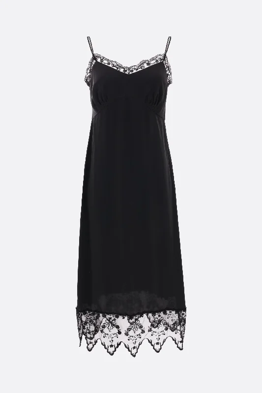 Flared midi dress-crepe de chine slip dress with lace trims