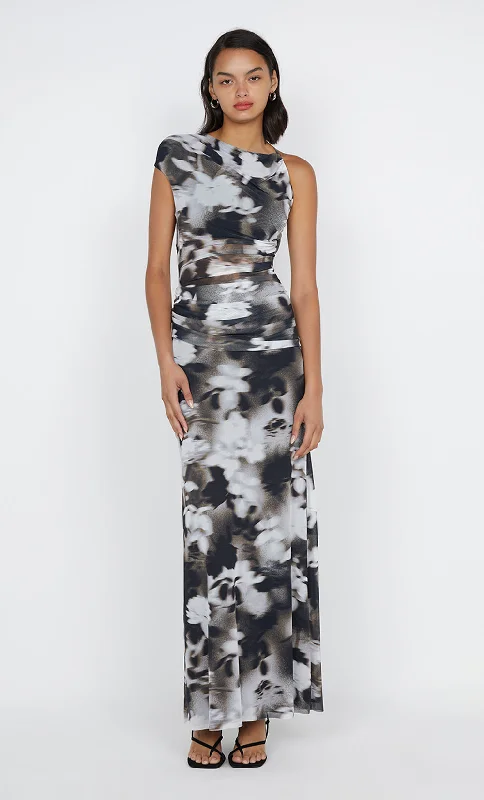 Ruched skater dress-SOLENE ASYM DRESS - DARK BLURRED FLORAL