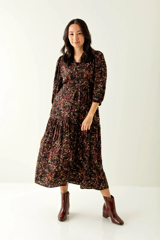 Satin party dress-'Sunila' Muted Satin Quarter Sleeve Floral Print Dress in Black