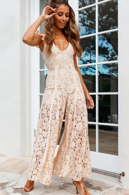 Chiffon tiered dress-Take Note Laced-Back Frill Shoulder Lace Jumpsuit Nude