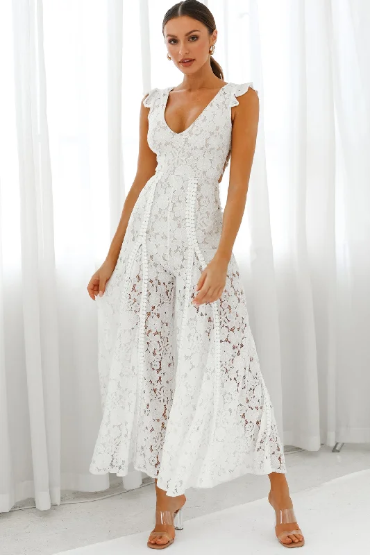 High-low party dress-Take Note Laced-Back Frill Shoulder Lace Jumpsuit White