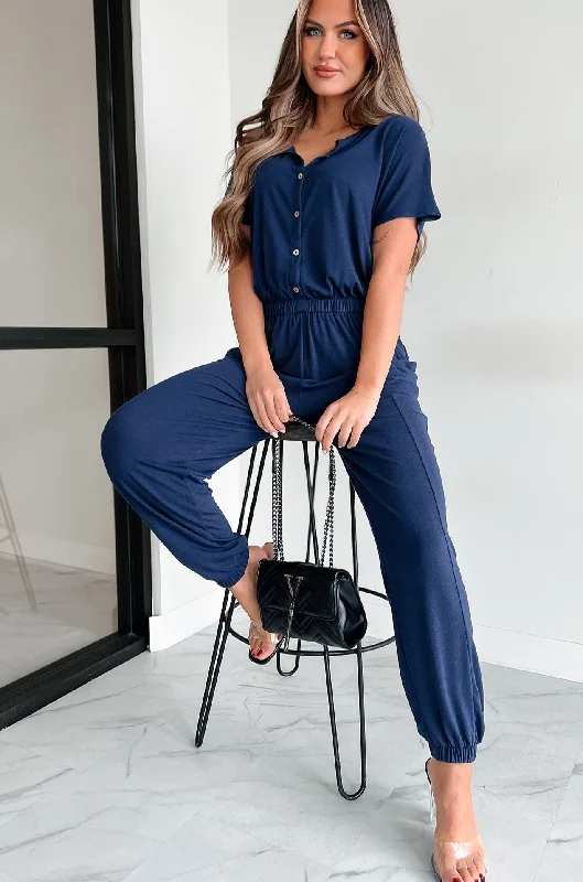 Short sleeve skater dress-Taking The Easy Route Short Sleeve Button Detail Jumpsuit (Dark Navy)