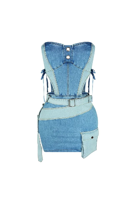 Fringe skater dress-Tension Denim Color Block Strapless Dress