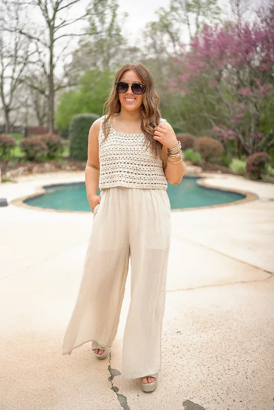 Off-shoulder party dress-The Beige Crochet Jumpsuit